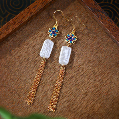Baroque Alien Imitation Pearl Silver Pin Enamel Gradient Tassel Earrings