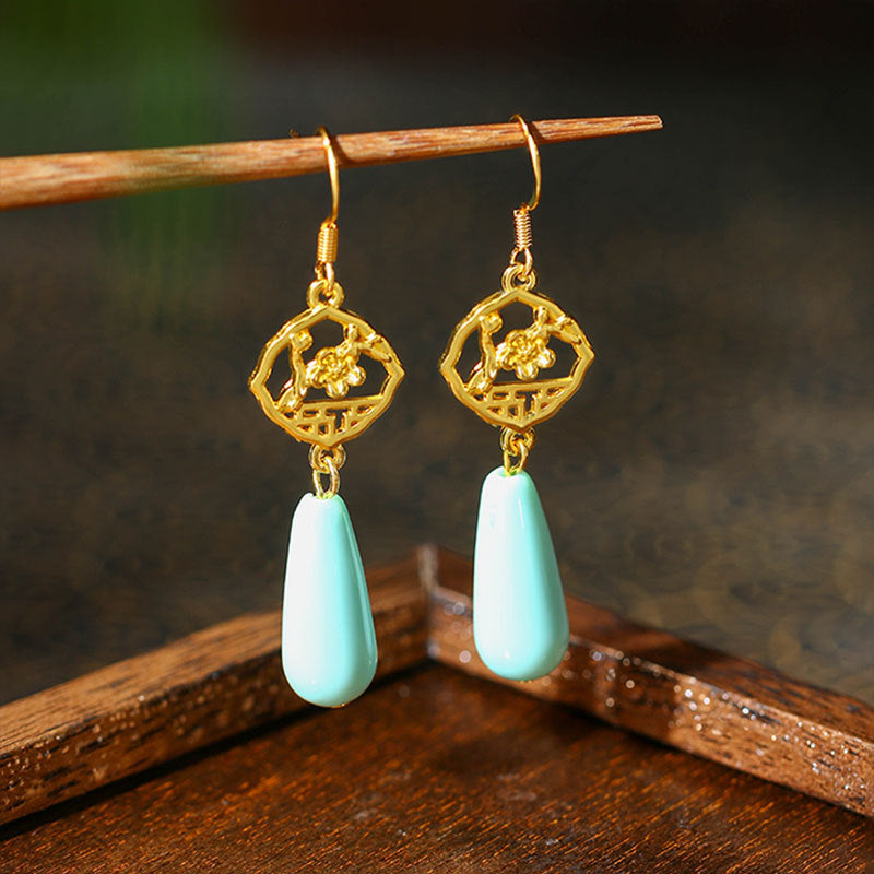 Women's Long Tassel Plum Blossom Imitation Blue Turquoise Earrings, All-Match