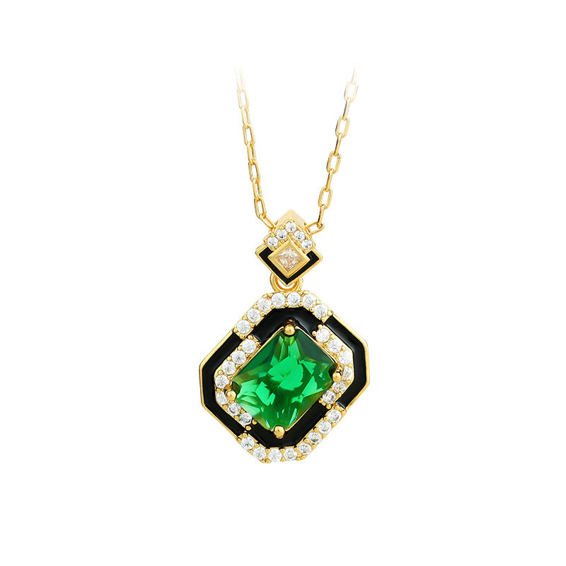 Simple Princess Square Emerald Diamond Light Luxury Black Enamel Necklace for Women - Simulation Paraiba Suit