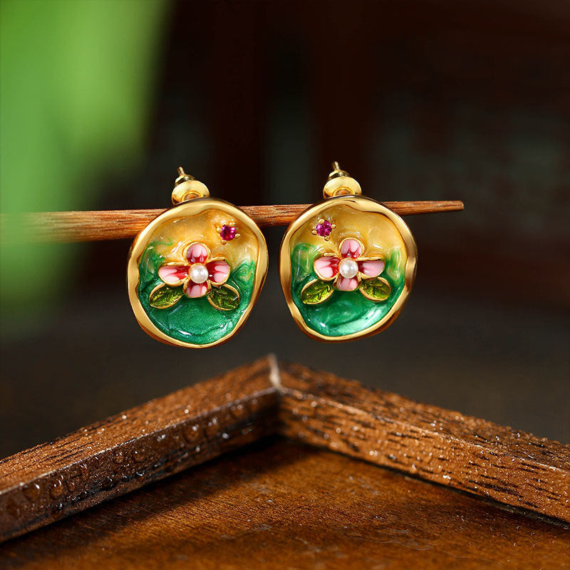 Monet Garden French Retro Silver Needle Flower Ear Studs