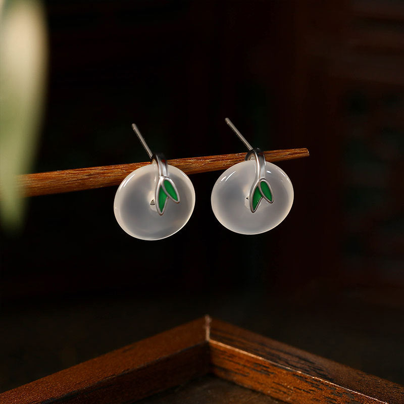 925 Silver Needle Bamboo Leaf Earrings with Natural Green Chalcedony, Safe Buckle, Women's Jewelry