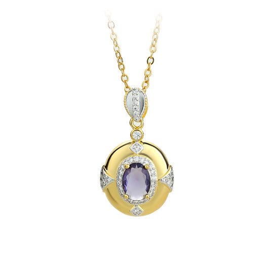 Italian Textured Carved Gold Fantasy Violet Gem 18K Gold Plated Clavicle Necklace