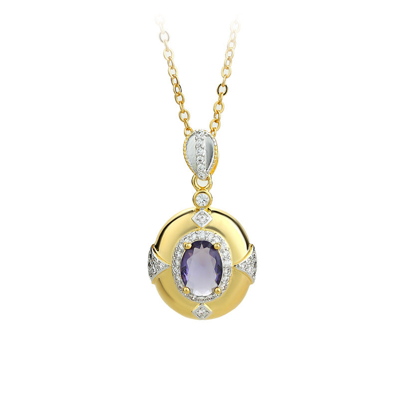 Italian Textured Carved Gold Fantasy Violet Gem 18K Gold Plated Clavicle Necklace