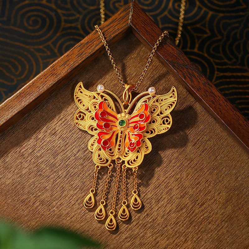 Real Gold Electroplated Ancient Method Sands Gold Filament Tassel Butterfly Vintage Tassel Necklace