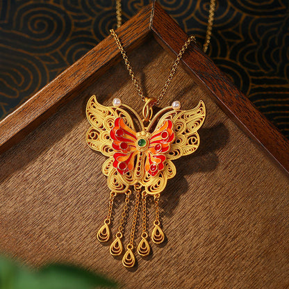 Real Gold Electroplated Ancient Method Sands Gold Filament Tassel Butterfly Vintage Tassel Necklace