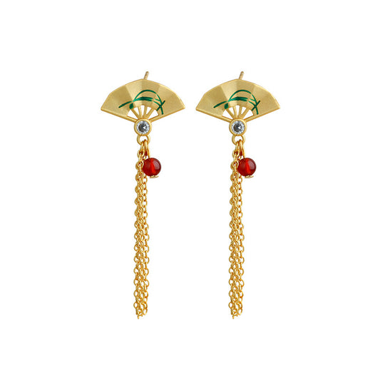 Antique Fan Tassel Ear Stud Earrings, Handmade Palace Ethnic Style