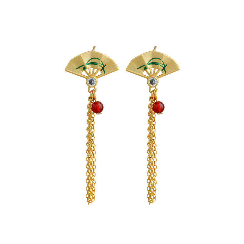 Antique Fan Tassel Ear Stud Earrings, Handmade Palace Ethnic Style