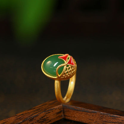 Original Design Gold Plated Enamel Apricot Leaf Imitation Jade Ring
