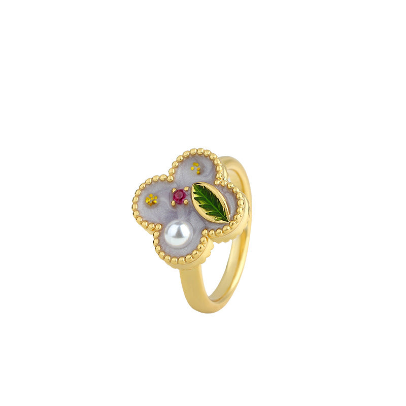 National Tide Enamel Four-leaf Clover Ring with Original Design