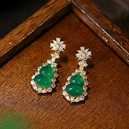 Golden Silver Needle Earrings with Natural Green Chalcedony Gourd Egg Face Light Agate Pendant