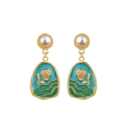 Vintage Enamel Oil Dropping Tulip Earrings, French Retro Art Style