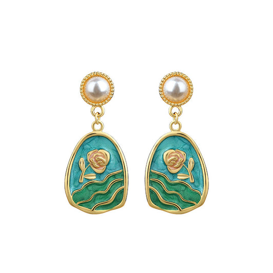 Vintage Enamel Oil Dropping Tulip Earrings, French Retro Art Style