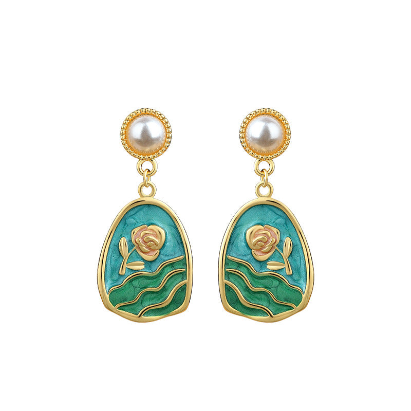 Vintage Enamel Oil Dropping Tulip Earrings, French Retro Art Style
