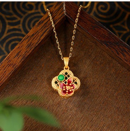 National Fashion Enamel Blossom Imitation Hetian Jade Necklace