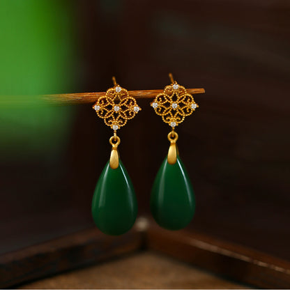 Antique Water Drop Imitation Jade Earrings, Ear Hook for Hanfu Cheongsam