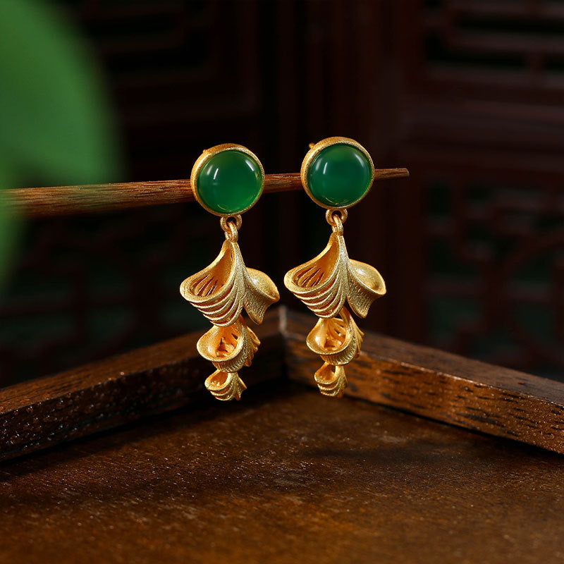 925 Gold Plated Hollow Ginkgo Leaf Round Imitation Jade Earrings