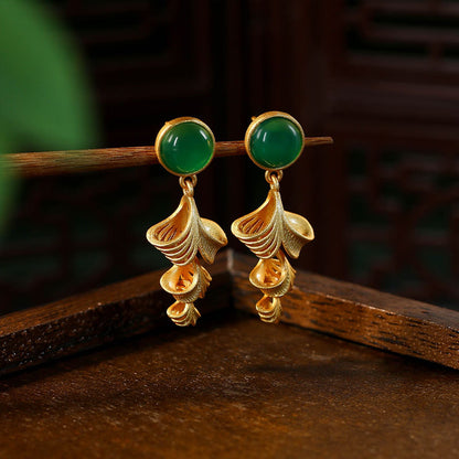 925 Gold Plated Hollow Ginkgo Leaf Round Imitation Jade Earrings