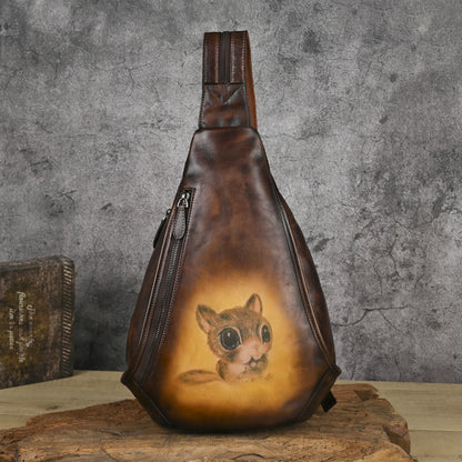 Retro Hand-polished Leather Chest Bag, Shoulder Bag, Three-use Cowhide, Embossed Design