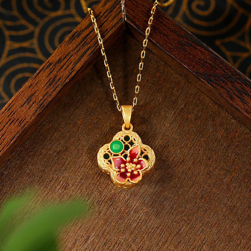 National Fashion Enamel Blossom Imitation Hetian Jade Necklace