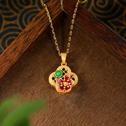 National Fashion Enamel Blossom Imitation Hetian Jade Necklace