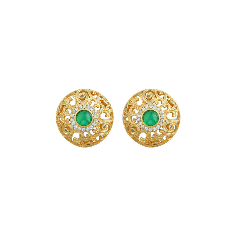Green Chalcedony Earrings with Gold Craft, S925 Silver Needle Inlay, Light Luxury and All-match