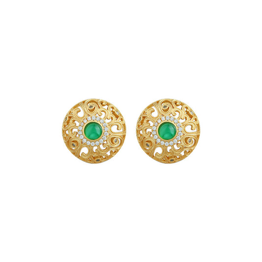 Green Chalcedony Earrings with Gold Craft, S925 Silver Needle Inlay, Light Luxury and All-match