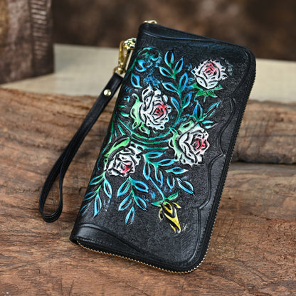 Retro Leather Wallet, Large Capacity, Multi-card, Embossed, Handmade, Colorable Zipper Bag
