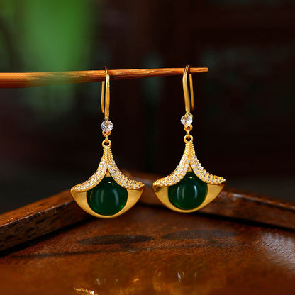 Ayeryuan Sansheng Ginkgo Leaf Green Chalcedony Hanfu Earrings for Women