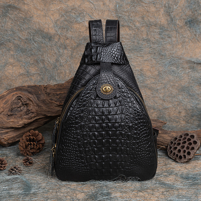 Live Source Top Layer Cowhide Multi-purpose Backpack with Vintage Embossed Crocodile Pattern, Hand-polished