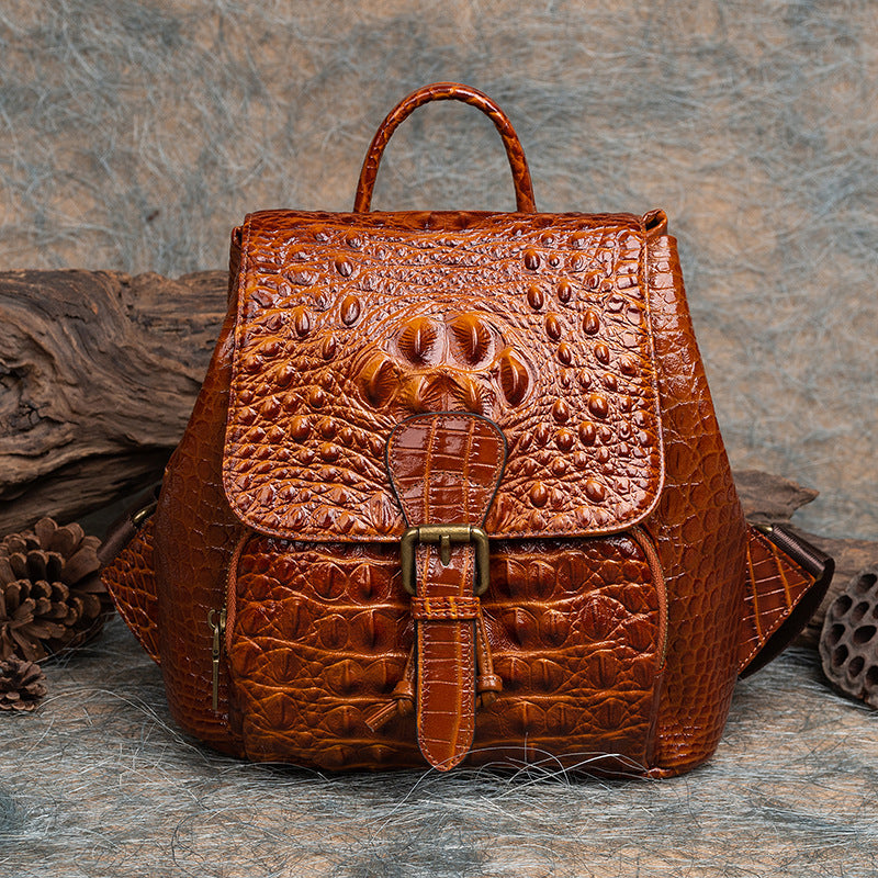 Top Layer Cowhide Crocodile Pattern Embossed Leather Backpack
