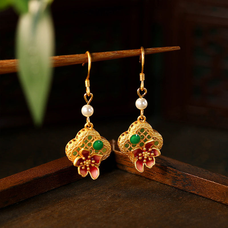 Real Gold Electroplated 925 Silver Pin Earrings with Imitation Jade Pearls for Women