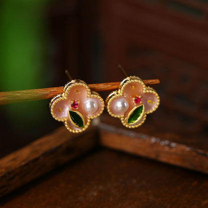 Real gold plating enamel drop glaze four-leaf clover earrings for women