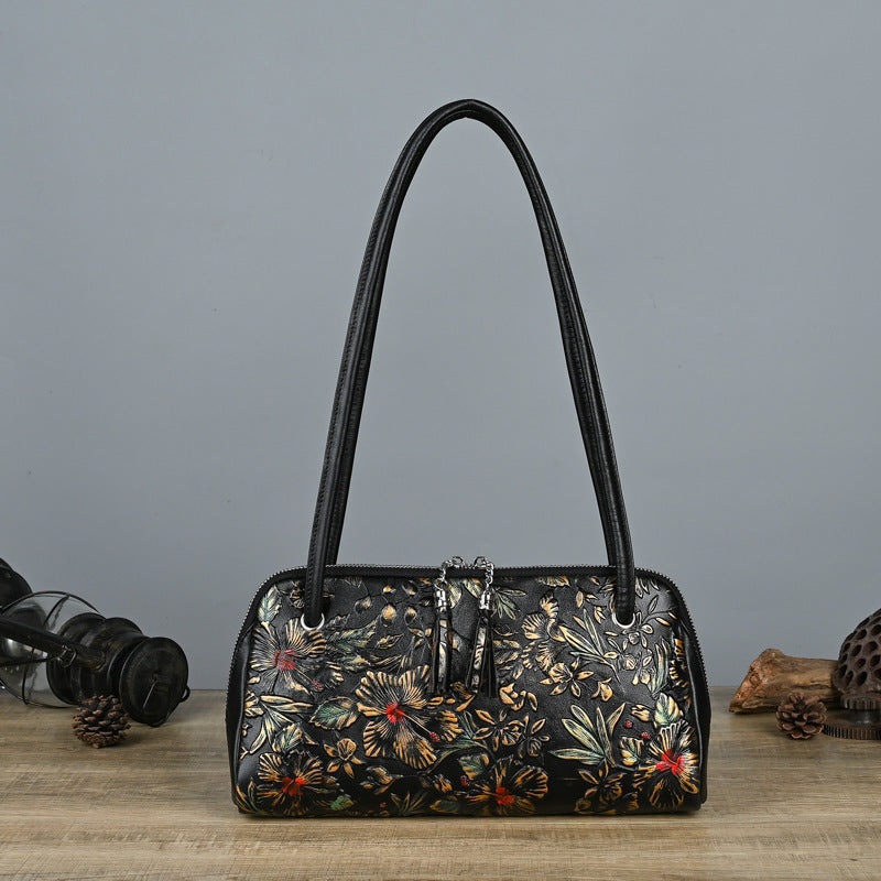 Retro Genuine Leather Underarm Baotou Cowhide Handmade Color-polished Handbag with Embossed Floral Design