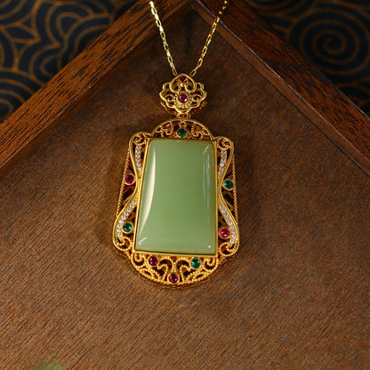 Real Gold Plated, Micro-inlaid Colored Diamond Imitation Hetian Jade Pendant Necklace for Men and Women