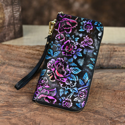 Genuine Leather Women's Wallet, Large Capacity, Multi Card, Embossed Handmade, Colorful Zipper Bag