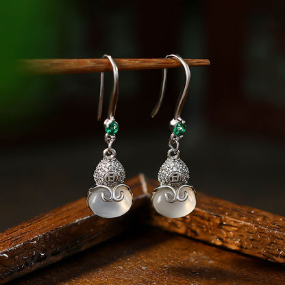 Natural Ice White Chalcedony Ear Hook Women's Earrings, Hollow Gourd Design