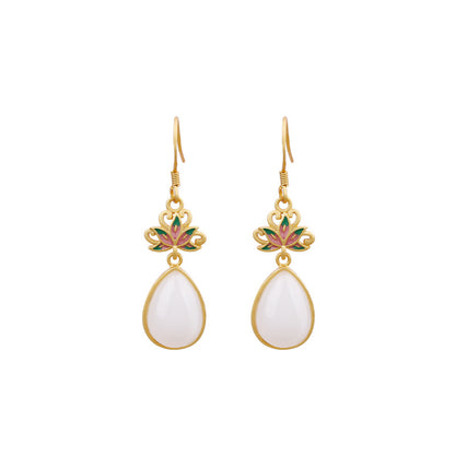 925 Silver Needle Lotus Earrings, Enamel Vintage Design for Women