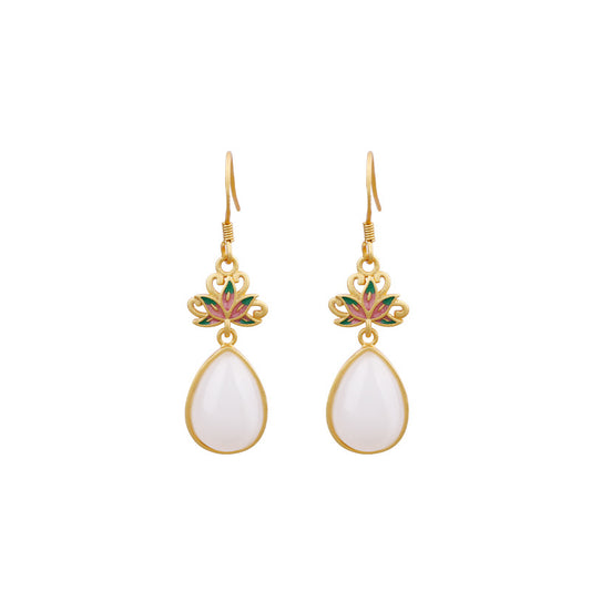 925 Silver Needle Lotus Earrings, Enamel Vintage Design for Women