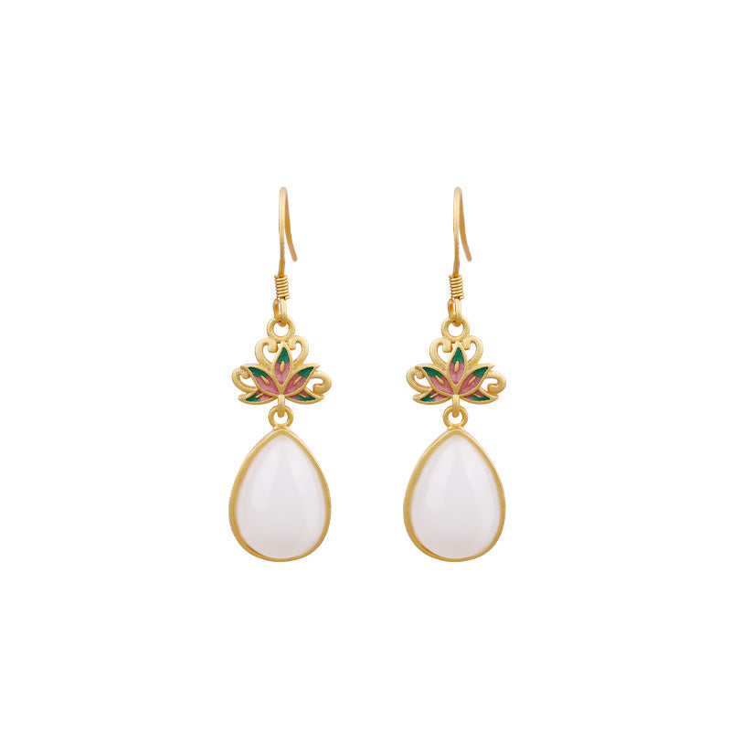 925 Silver Needle Lotus Earrings, Enamel Vintage Design for Women