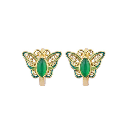 Ear Buckle Enamel Cloisonne Butterfly Earrings, Court Style Retro Ear Hook for Women