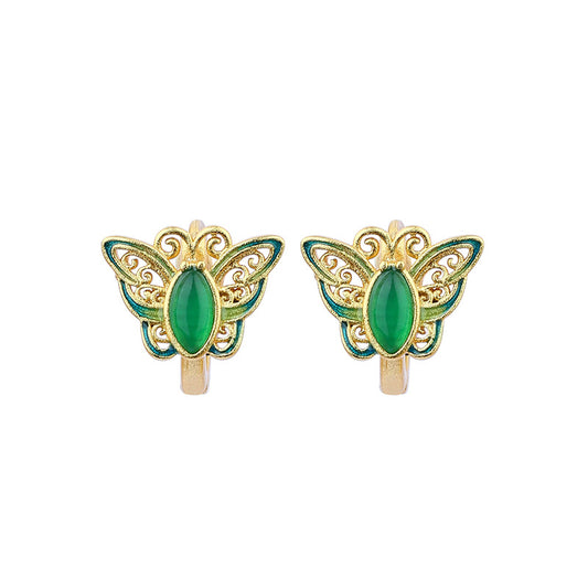 Ear Buckle Enamel Cloisonne Butterfly Earrings, Court Style Retro Ear Hook for Women