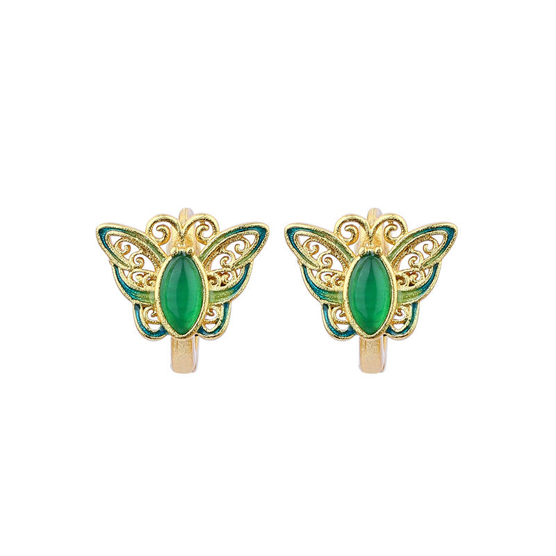 Ear Buckle Enamel Cloisonne Butterfly Earrings, Court Style Retro Ear Hook for Women
