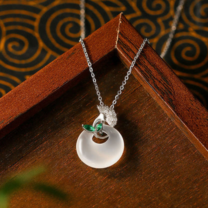 Ice White Chalcedony Sansheng Apricot Ping An Buckle Necklace for Women