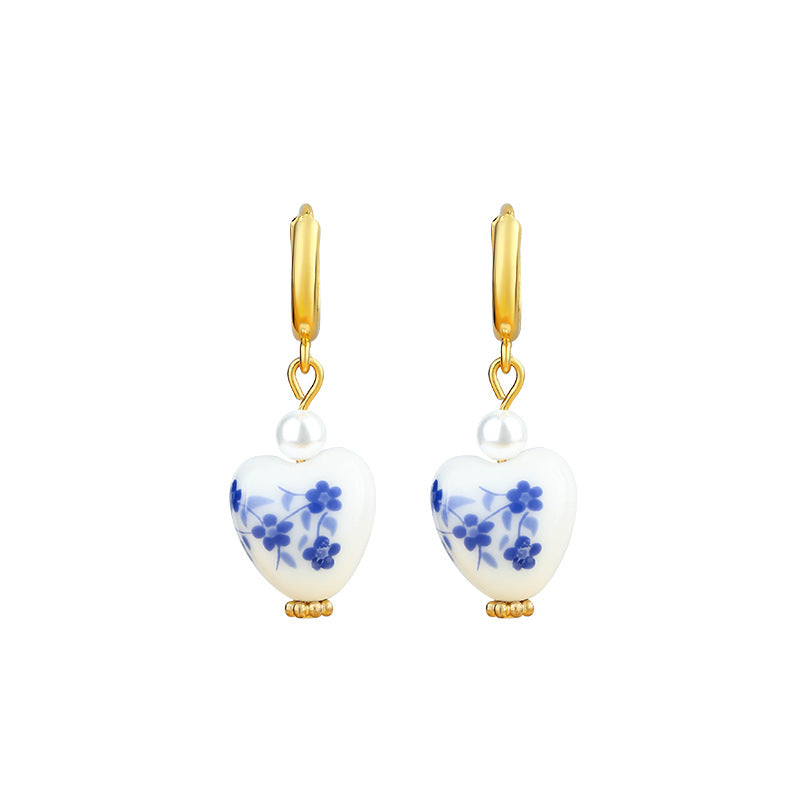 Blue and White Porcelain Pearl Earrings for Women