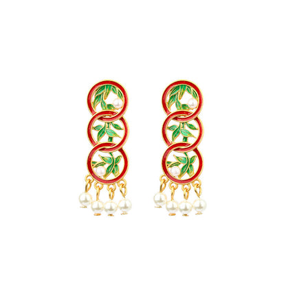 Green Bamboo Design Earrings for Women - Ring-linked Retro Style