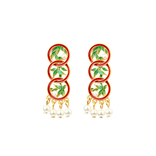 Green Bamboo Design Earrings for Women - Ring-linked Retro Style