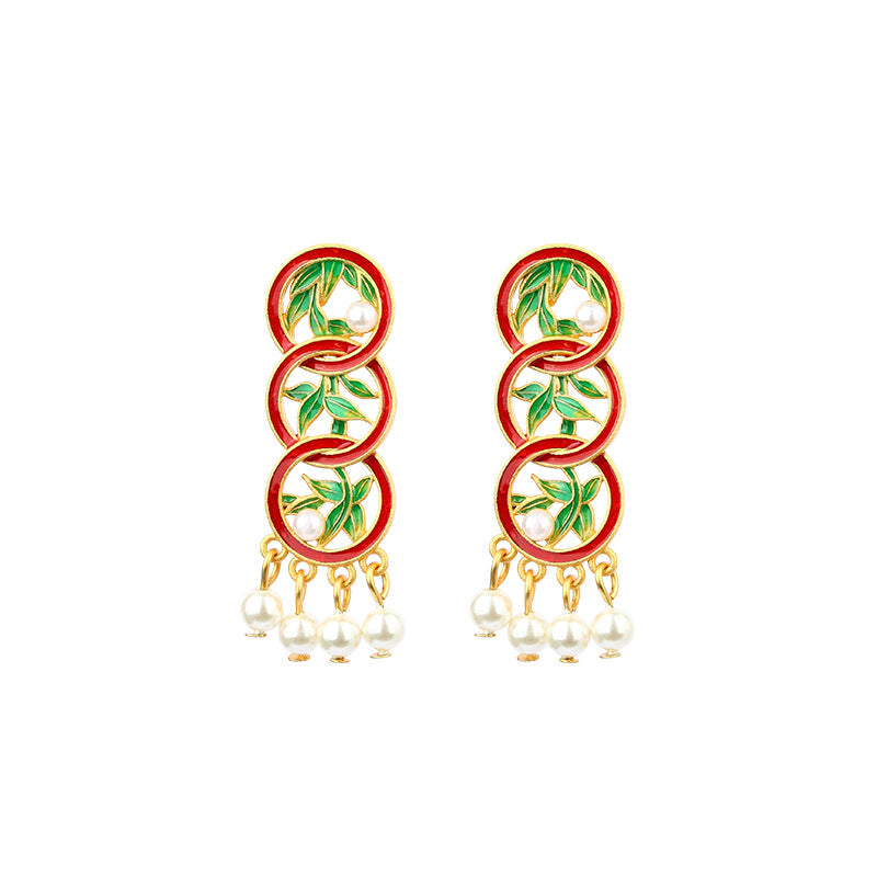 Green Bamboo Design Earrings for Women - Ring-linked Retro Style