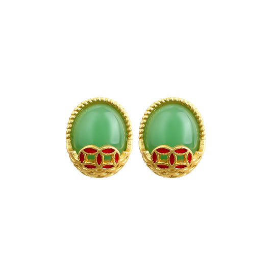 Antique Fortune Rolling Imitation Jade Long Earrings, Niche Fashion