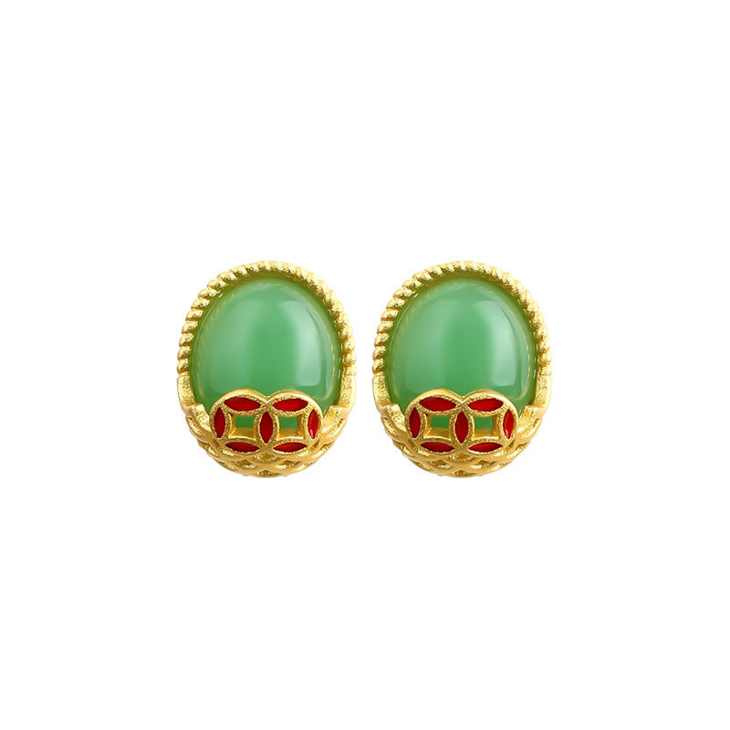 Antique Fortune Rolling Imitation Jade Long Earrings, Niche Fashion