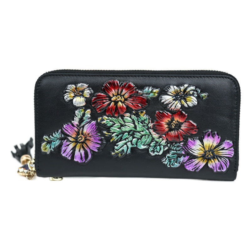 Vintage Genuine Leather Women's Wallet, Large Capacity, Multi Card, Embossed, Handmade, Zipper Bag